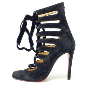 Christian‎ Louboutin Heels Black Suede Lace Up Cutout Heeled Ankle Boots EU 39
